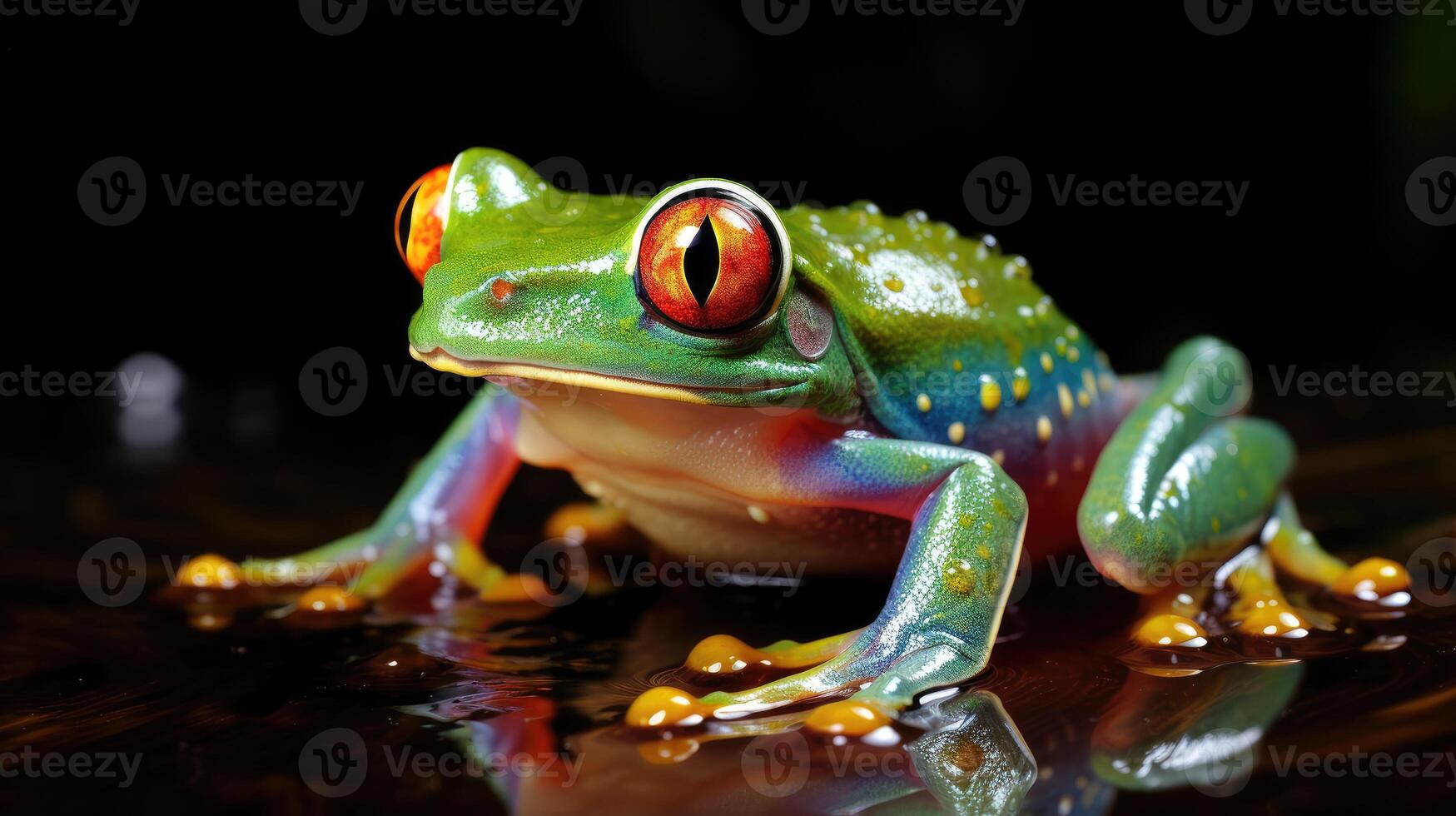 ai generato rana con occhi due volte come grande, ornato nel arcobaleno colori su tutti e due lati, ai generato. foto