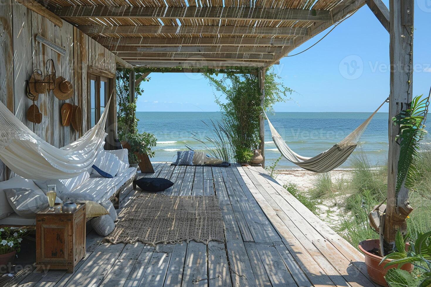 ai generato tranquillo, calmo mare ritiro con ventilato le tende e un' amaca foto