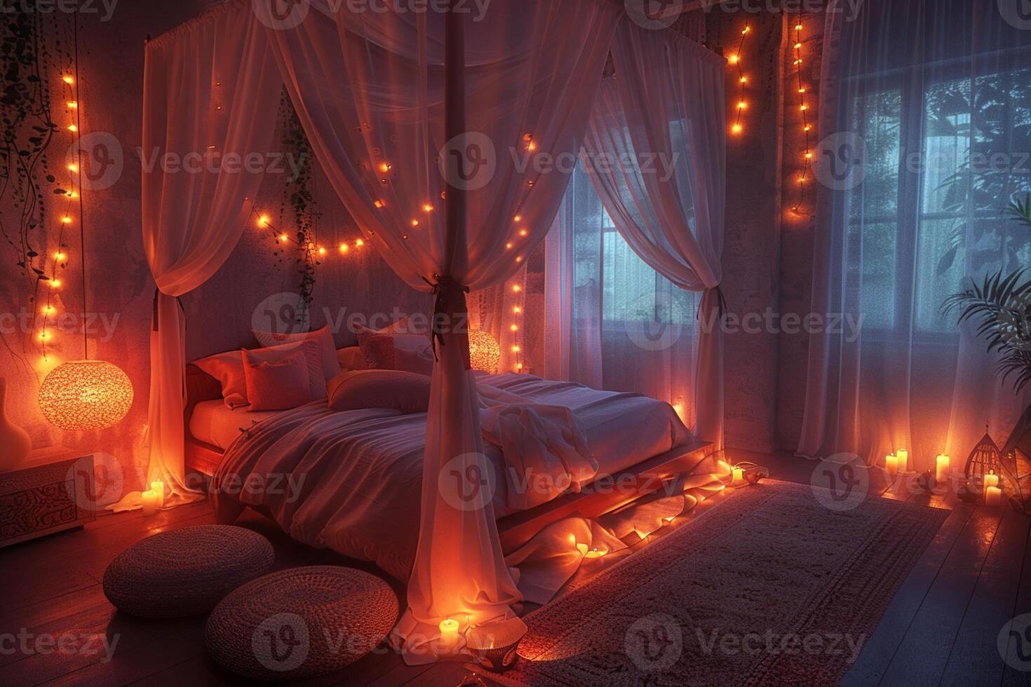 ai generato romantico Camera da letto con morbido illuminazione puro le tende foto