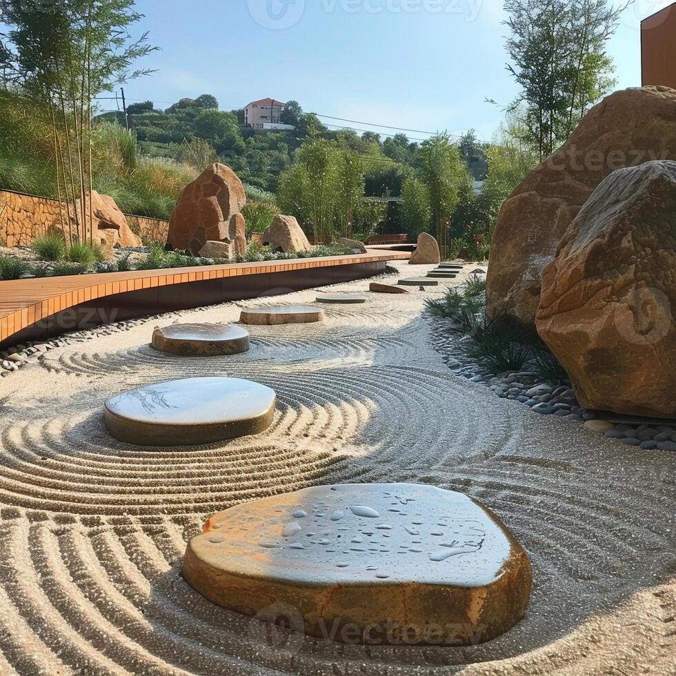 ai generato minimalista zen giardino con rastrellato sabbia e semplice foto