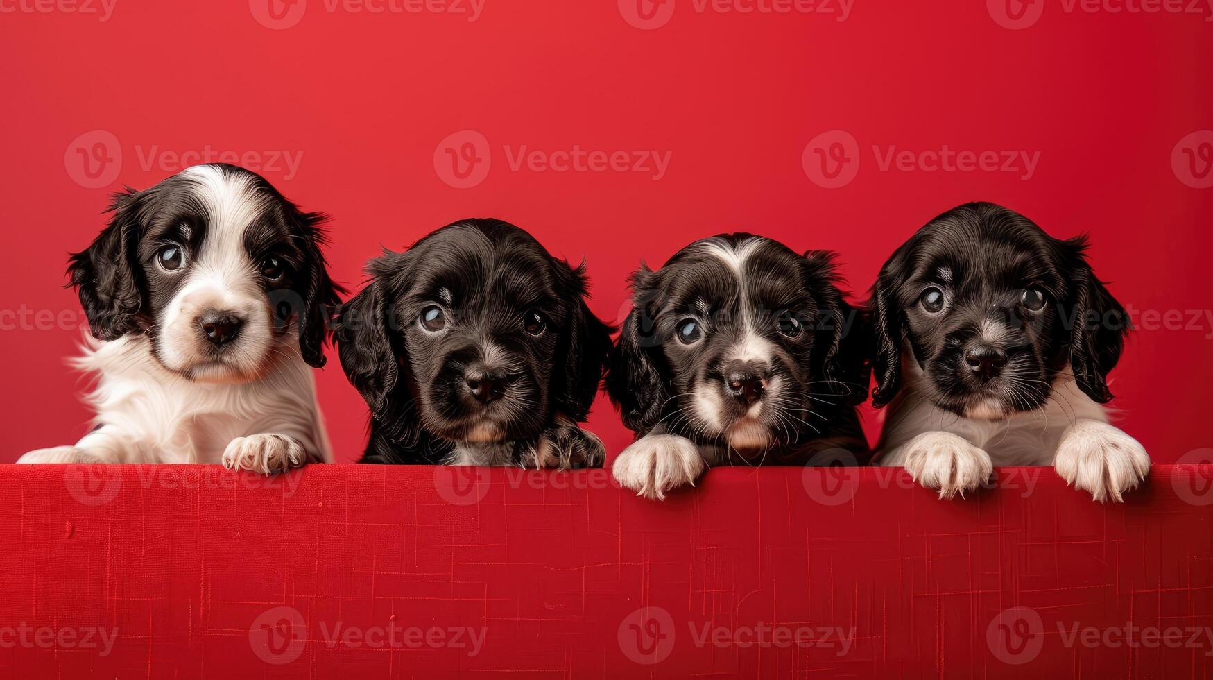 ai generato quattro adorabile cuccioli sedersi sopra bandiera nel affascinante Schermo. ai generato. foto