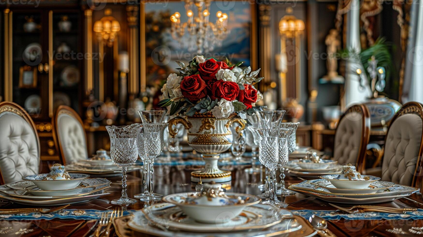 ai generato opulento cenare camera con un' cristallo lampadario e elegante tavolo ambientazione foto