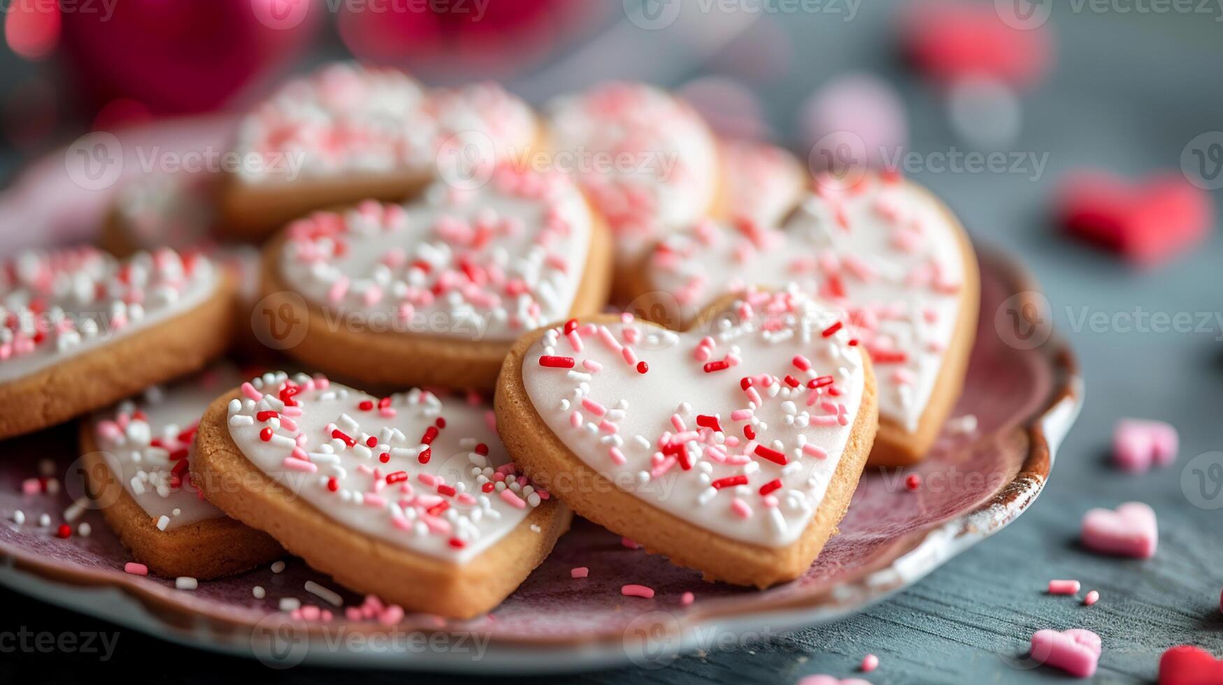 ai generato un' piatto di fatti in casa a forma di cuore biscotti con glassatura e spruzzatori. simbolo di San Valentino giorno, amore e relazione foto