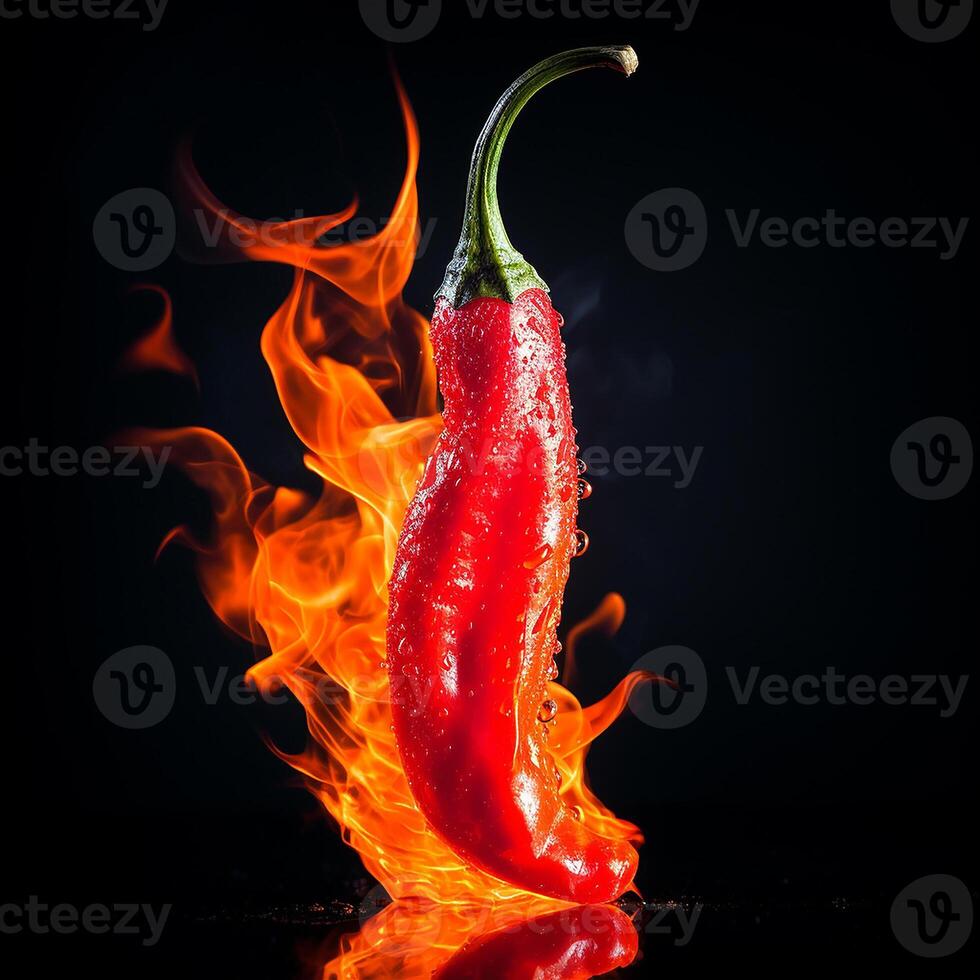 ai generato chili Pepe con fuoco. fotorealistico rosso caldo Pepe su fuoco su un' nero sfondo. foto