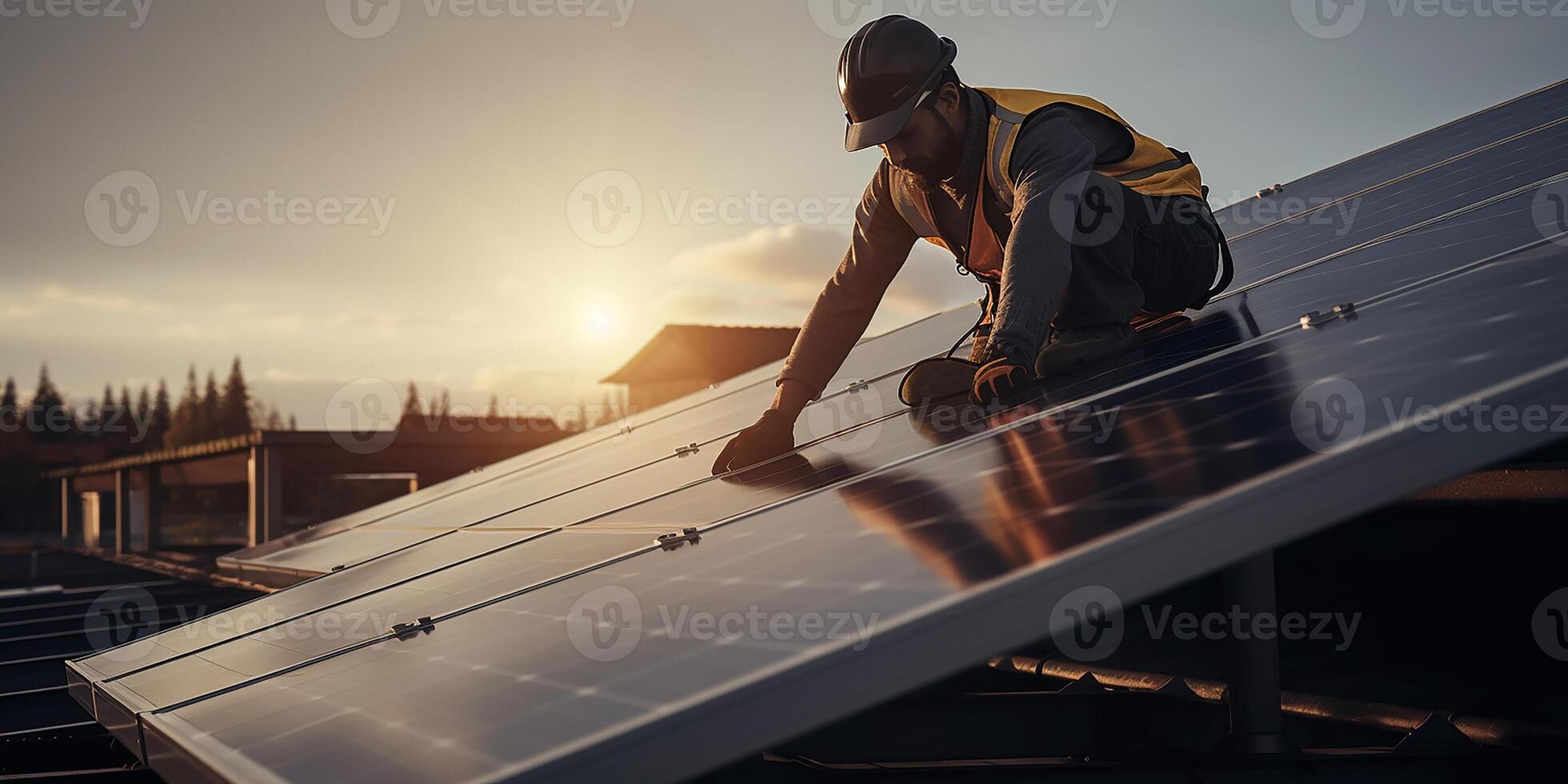 ai generato tecnico installazione solare pannelli su tetto, installazione fotovoltaico solare pannello sistema, pulito elettricità Casa concetto, non in rete energia fornitura foto
