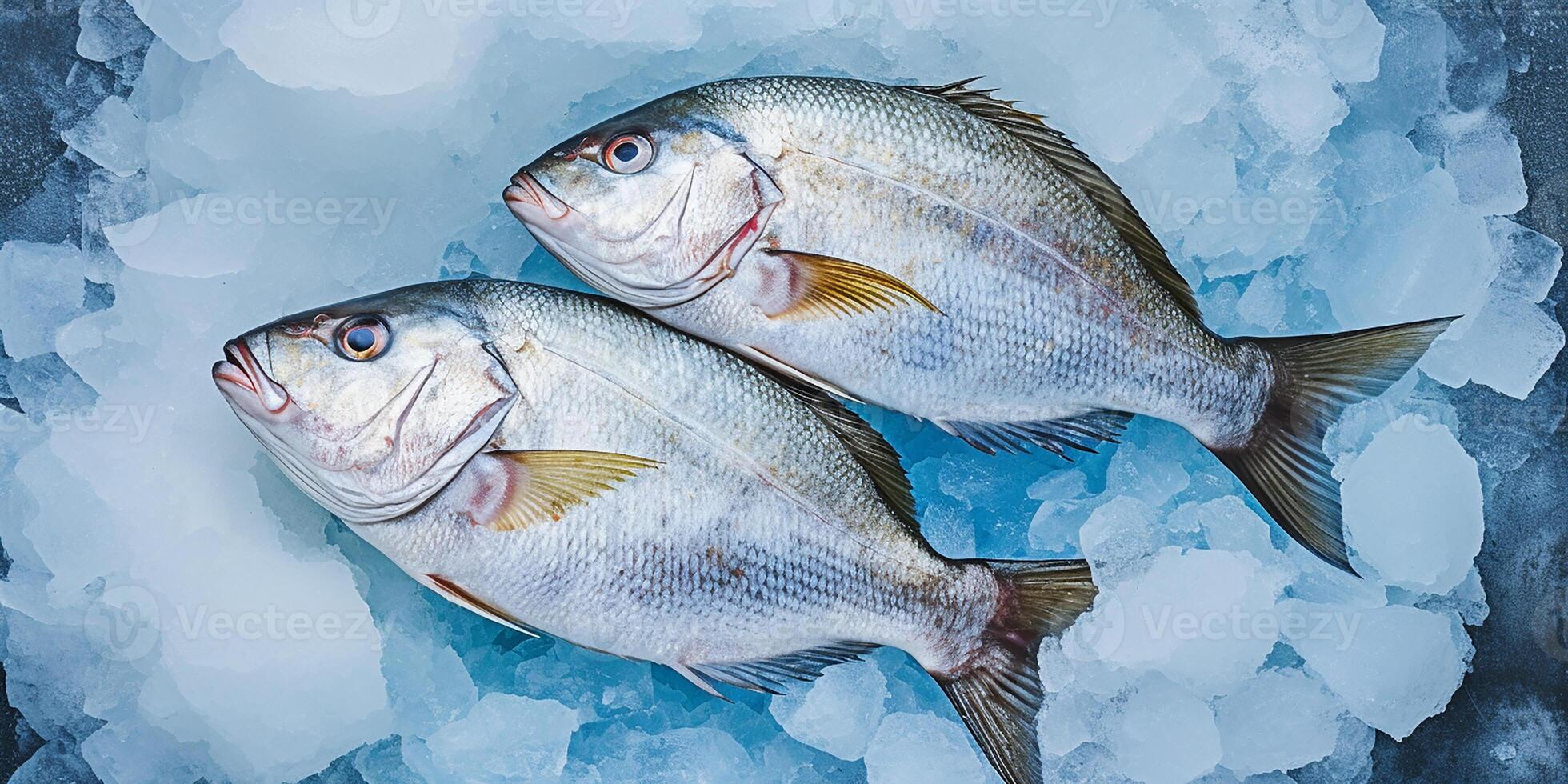 ai generato fotorealistico Immagine di appena catturato mare pesce su un ghiaccio letto foto