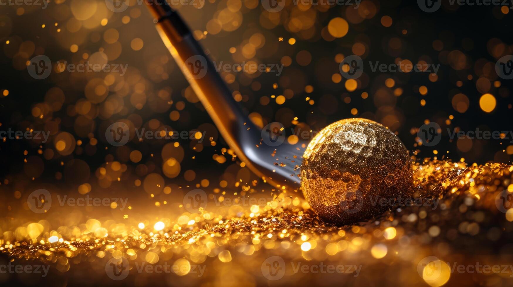 ai generato colpire un' d'oro golf palla dire bugie su il prato a tramonto con un' club è il finale vittoria di golf foto