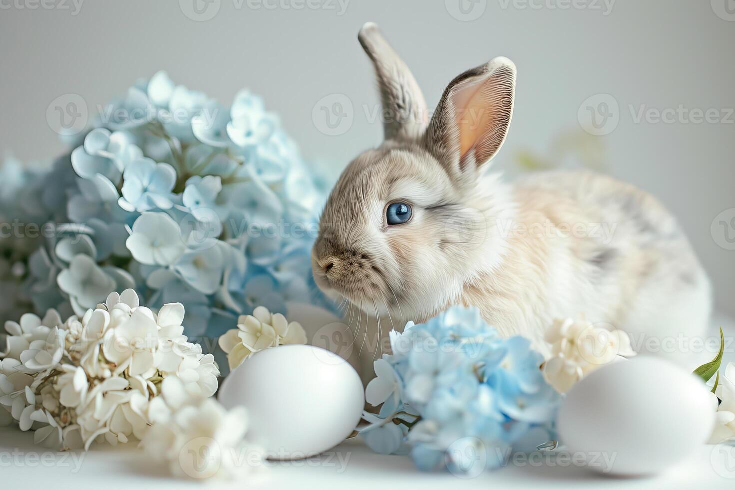 ai generato bianca coniglietto con blu occhi circondato di pastello colorato uova e fioritura ortensie foto
