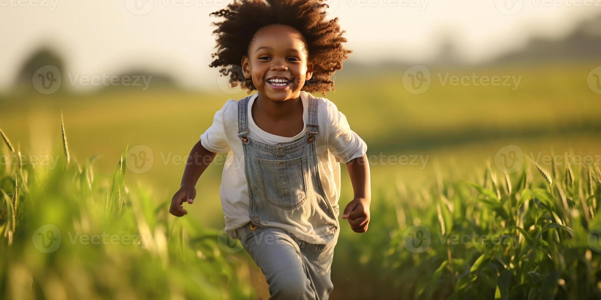 ai generato contento bambino corre e ha divertimento nel il campo. contento bambino giocando nel il sole. contento infanzia foto