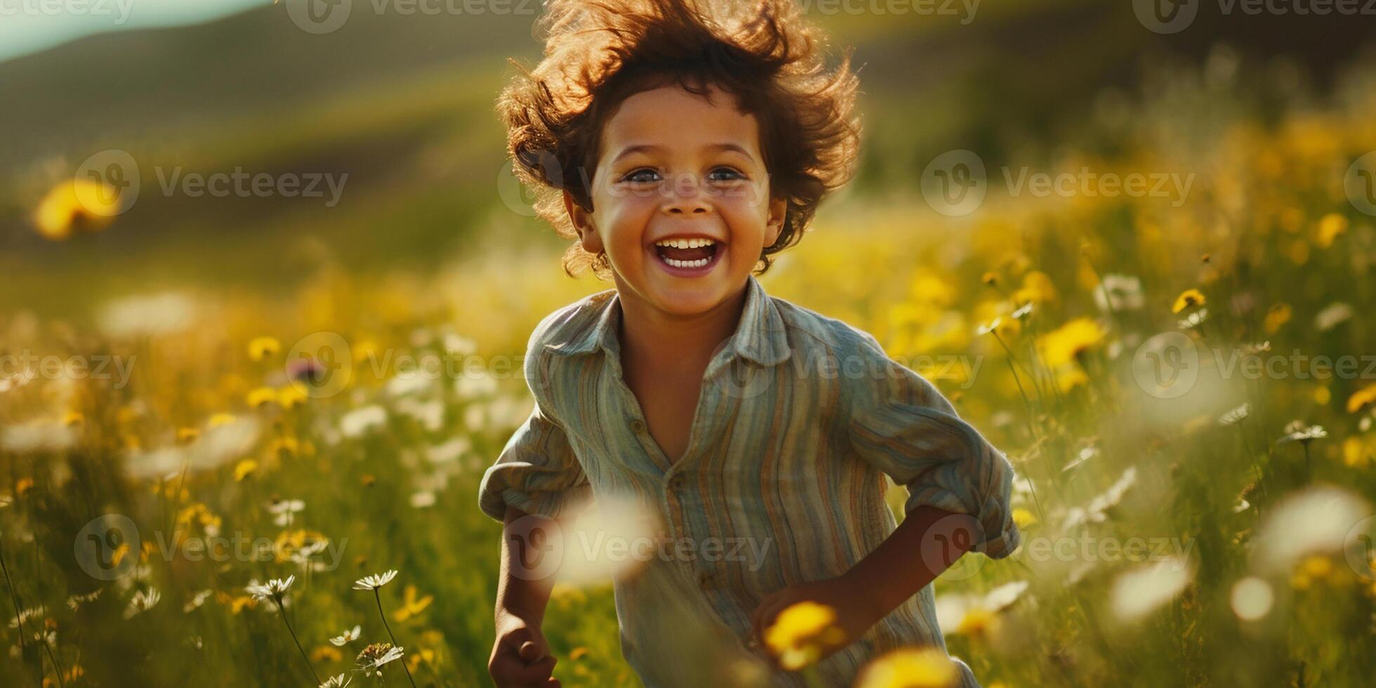 ai generato contento bambino corre e ha divertimento nel il campo. contento bambino giocando nel il sole. contento infanzia foto