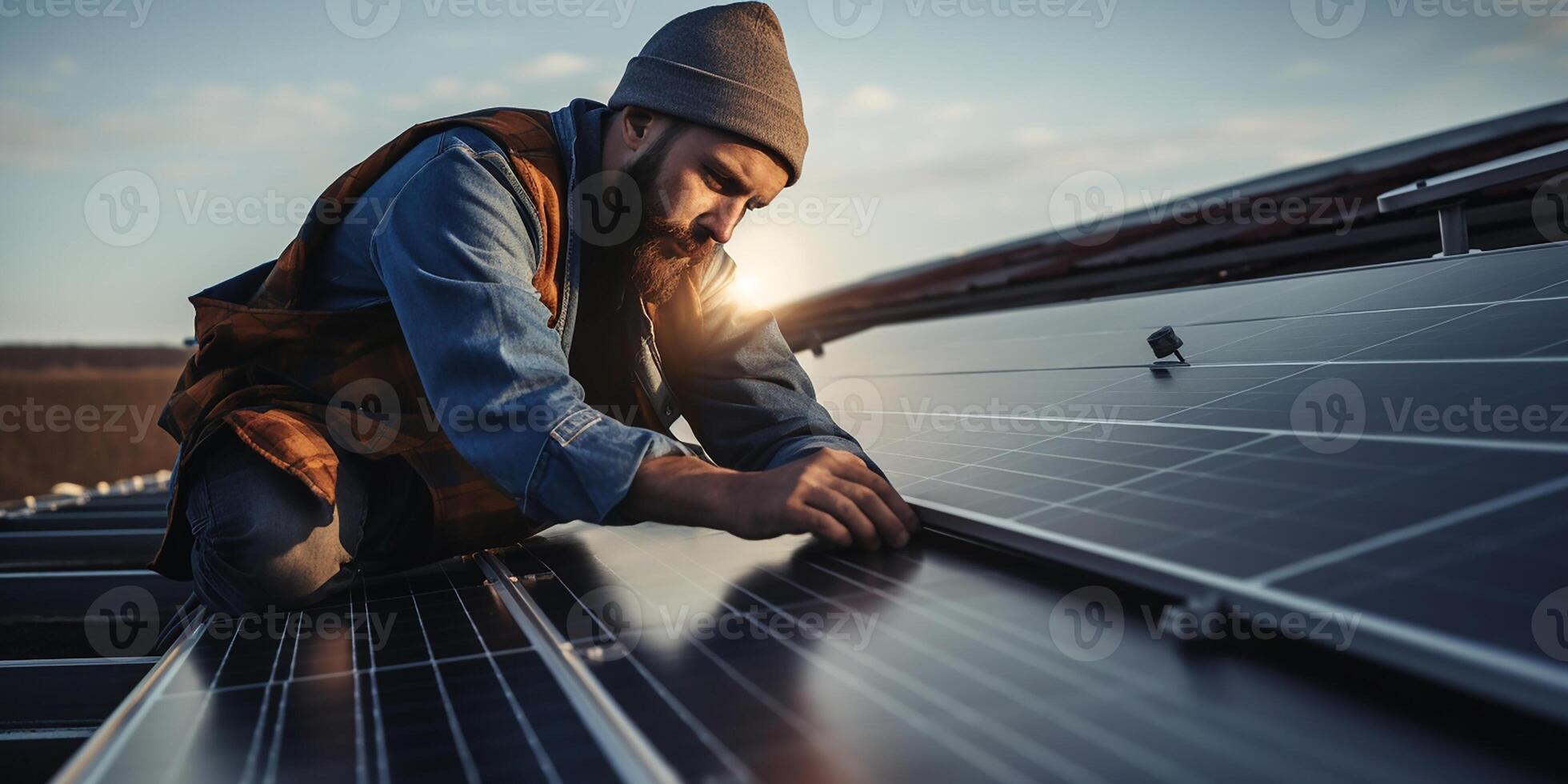 ai generato tecnico installazione solare pannelli su tetto, installazione fotovoltaico solare pannello sistema, pulito elettricità Casa concetto, non in rete energia fornitura foto