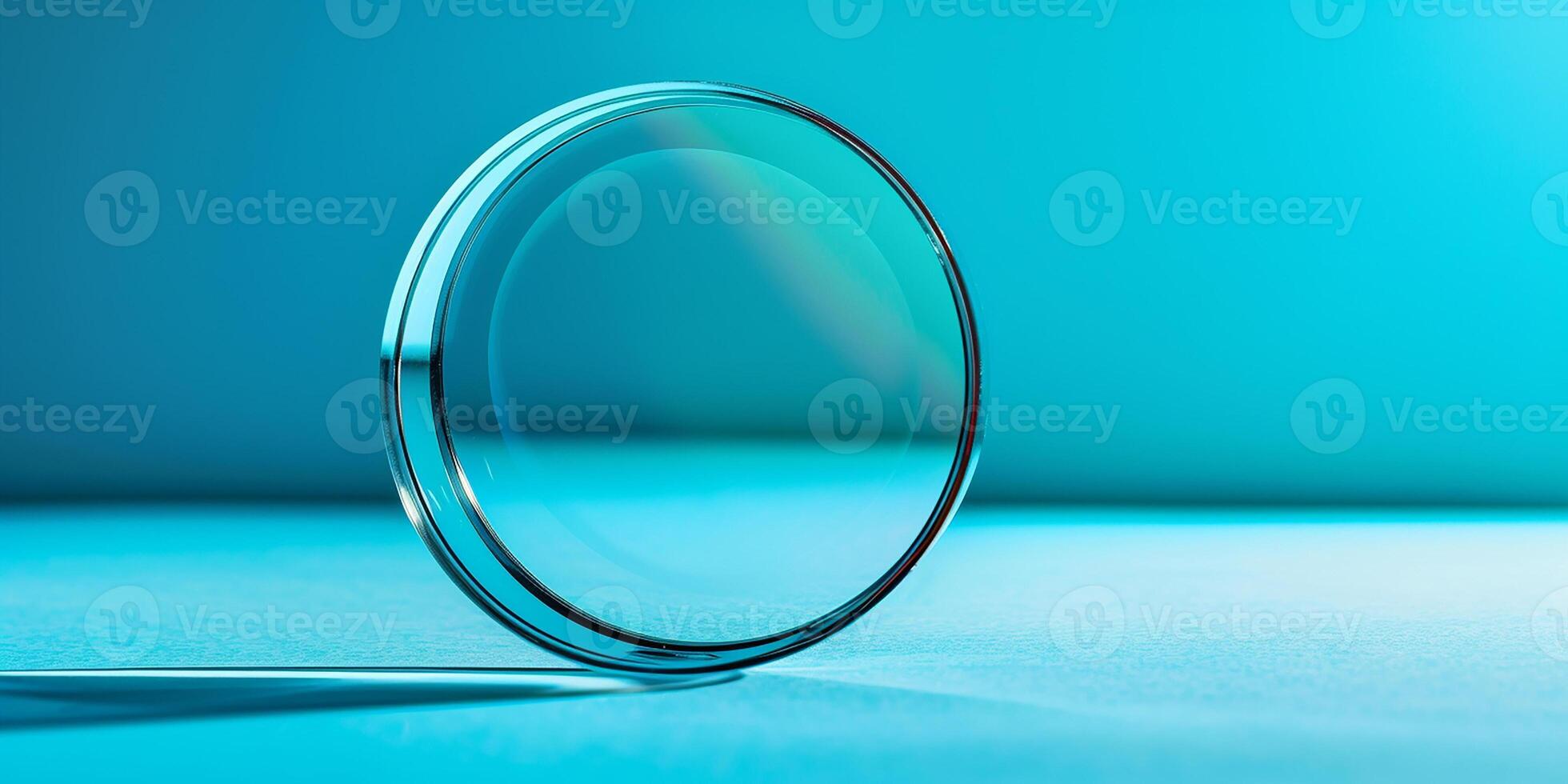ai generato bicchieri lente, bicchiere ottico lente avvicinamento su blu sfondo foto