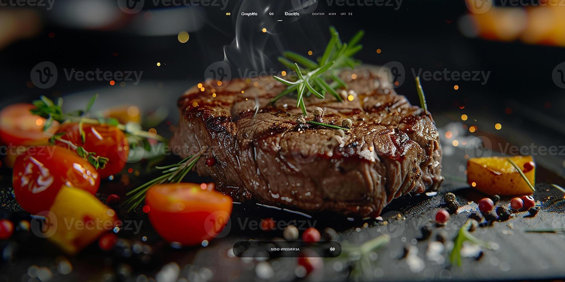 ai generato grigliato carne bistecca servito su un' piatto con spezie e erbe aromatiche. estetico Immagine per ristorante, menù. foto