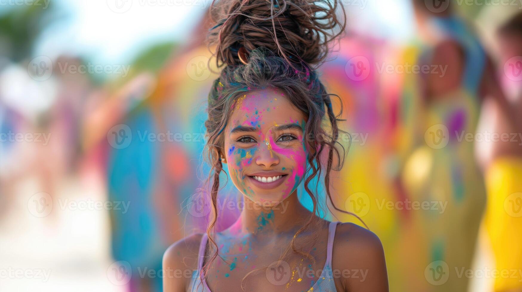 ai generato ritratto di un' bellissimo giovane donna coperto con multicolore holi dipingere foto