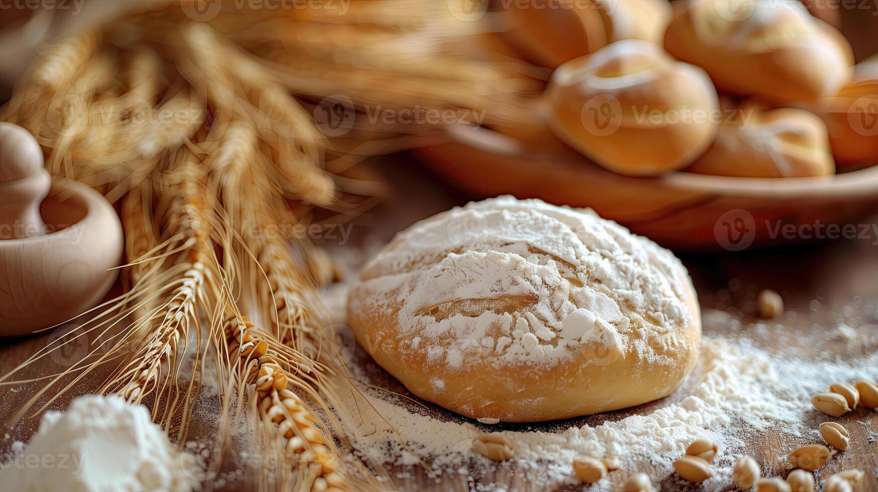 ai generato Grano orecchie e pane su di legno tavolo, avvicinamento. forno prodotti foto