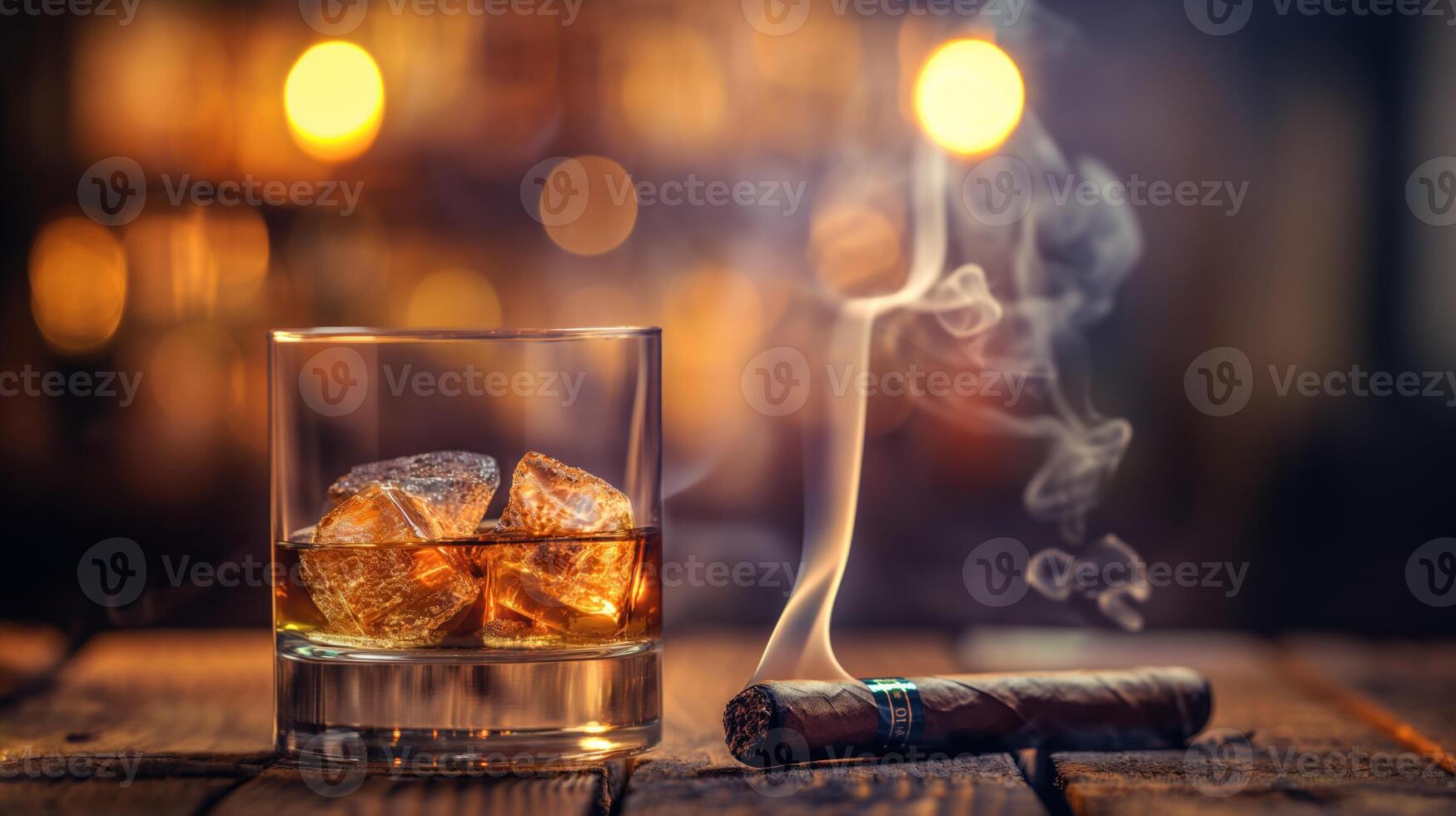 ai generato bicchiere di whisky con ghiaccio cubi e cubano sigaro su un' di legno tavolo foto