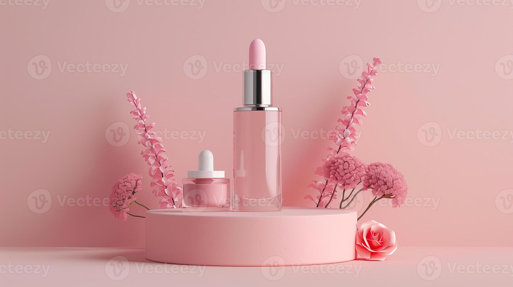 ai generato 3d rendere di rosa rossetto con fiore sfondo. bellezza Prodotto Schermo podio. foto