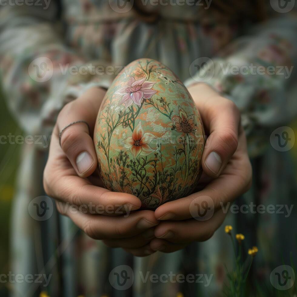 ai generato Pasqua uovo nel il mani di un' ragazza nel un' verde vestito foto
