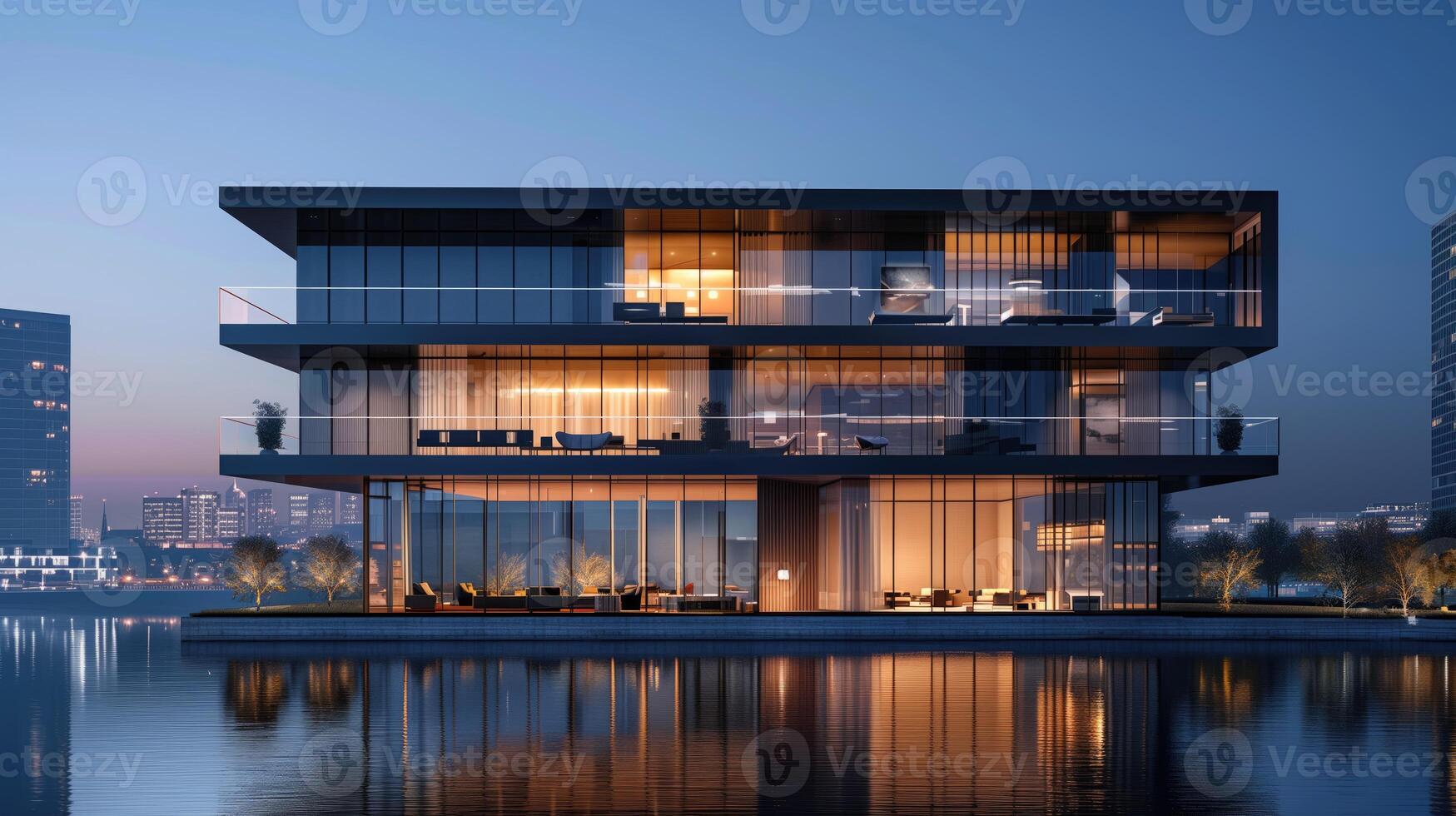 ai generato moderno ufficio edificio Caratteristiche lusso orizzonte Visualizza, 3d foto