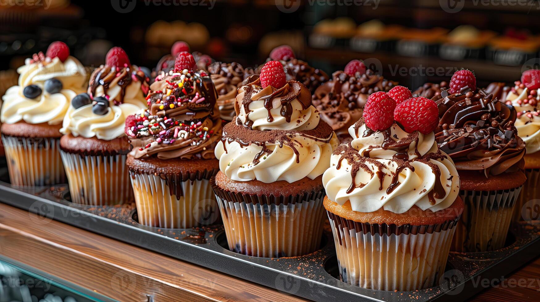 ai generato assortimento di delizioso cupcakes con crema e lamponi su di legno tavolo foto