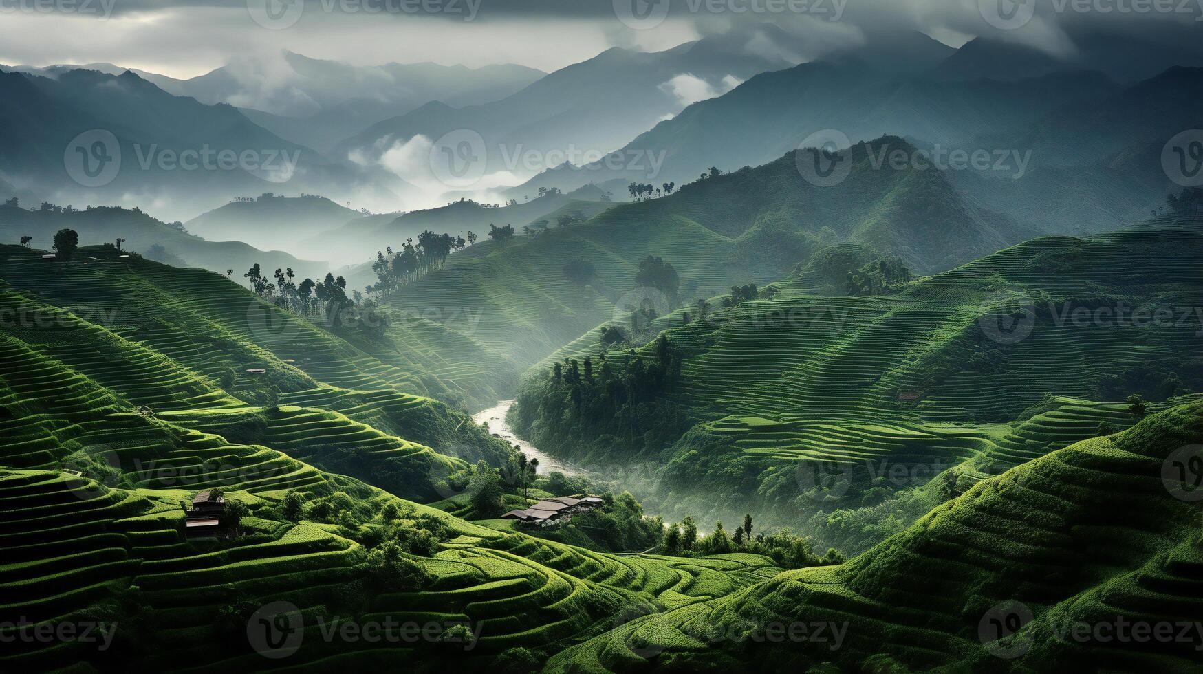 ai generato il montagne siamo coperto nel verde vegetazione e nebbia foto