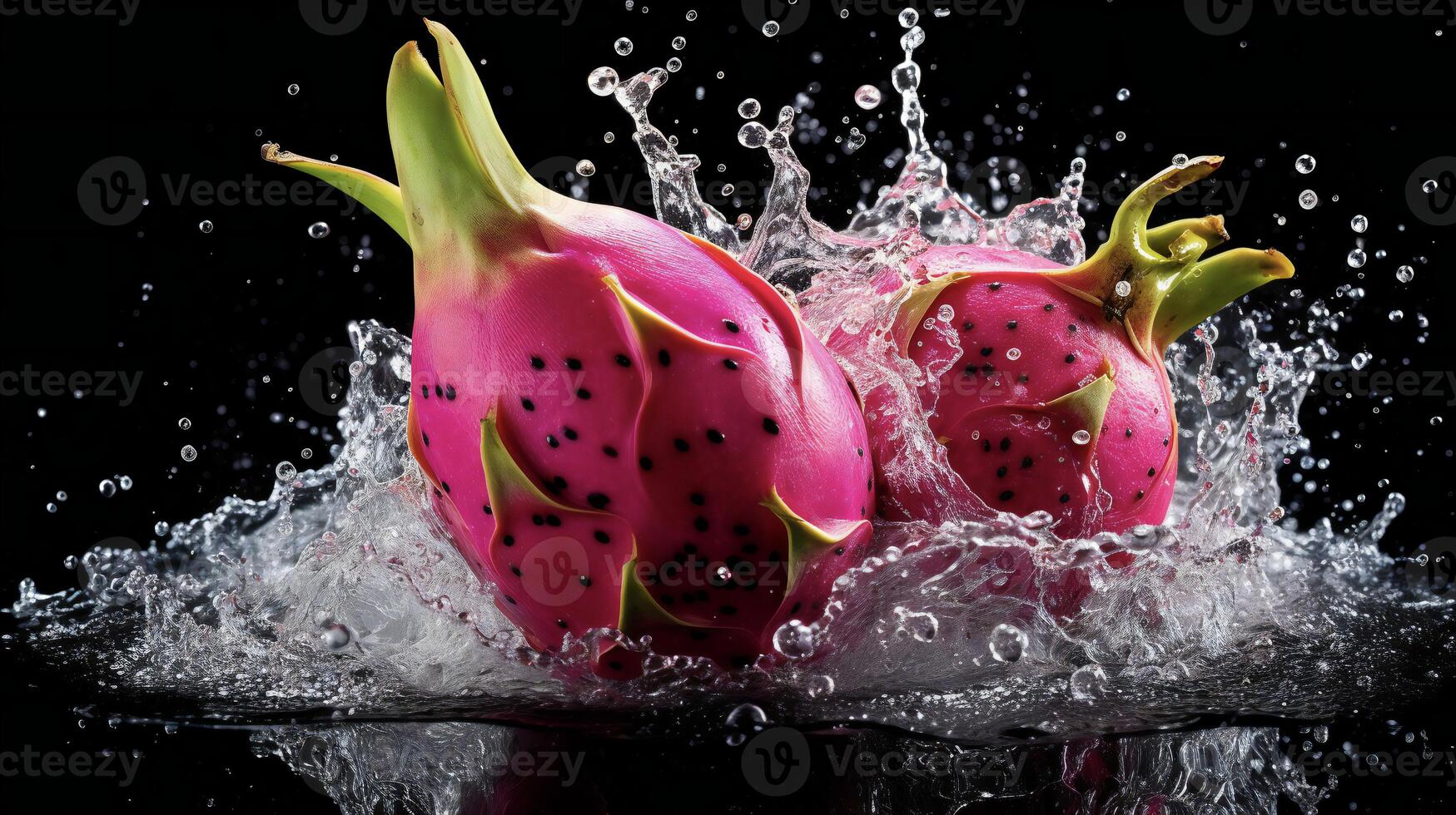 ai generato un' Drago frutta è spruzzi acqua foto