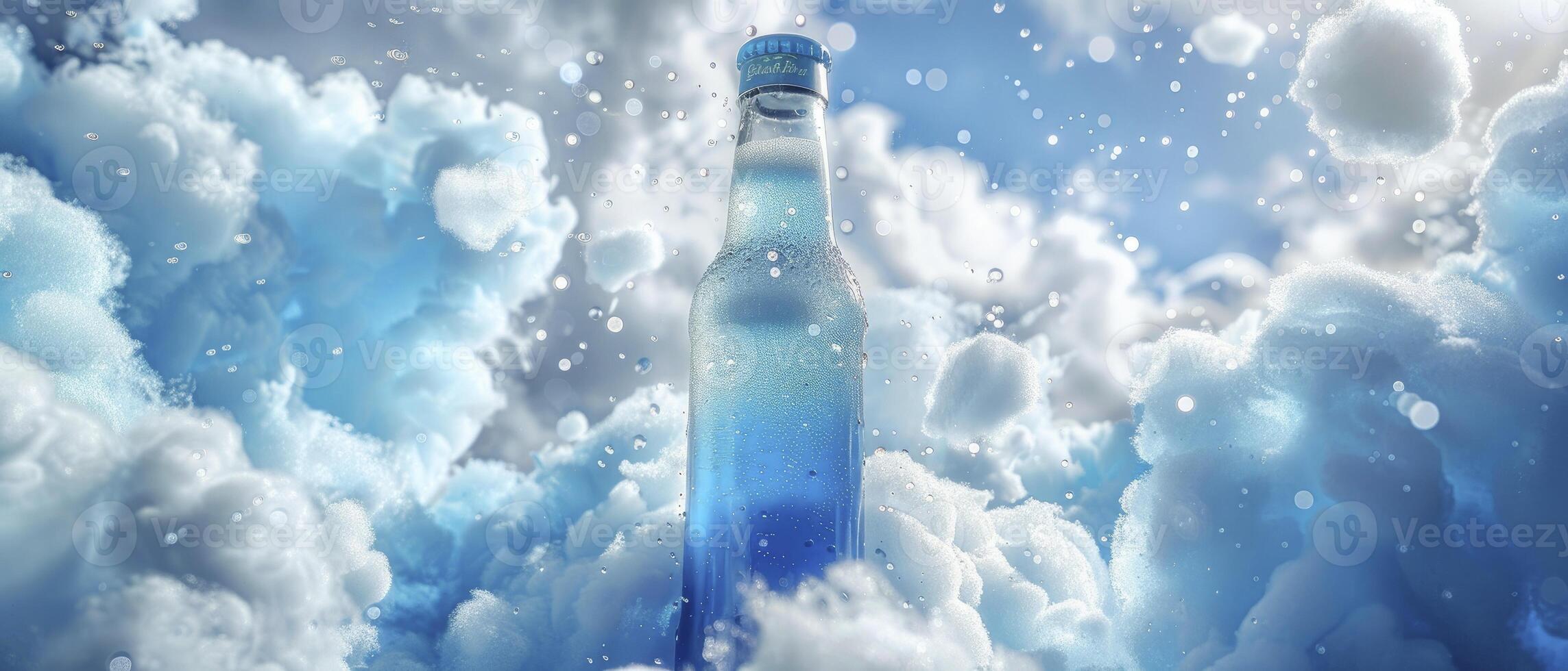 ai generato un' bicchiere birra bottiglia e un' chiaro bevanda bottiglia pieno con luce, luminosa blu morbido bevanda liquido foto