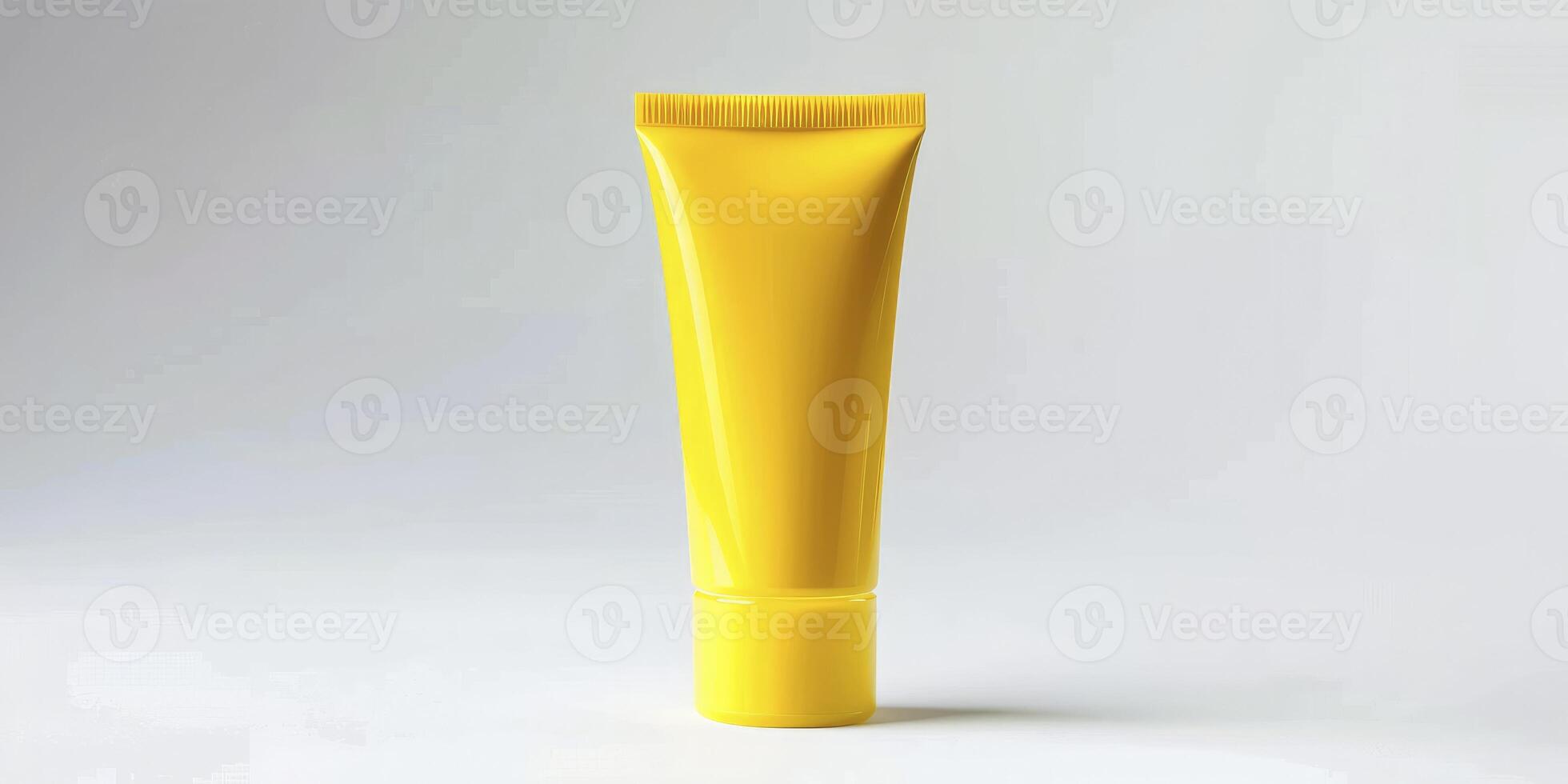 ai generato calmante cura, giallo mano crema tubo confezione presentata contro un' pulito bianca sfondo foto