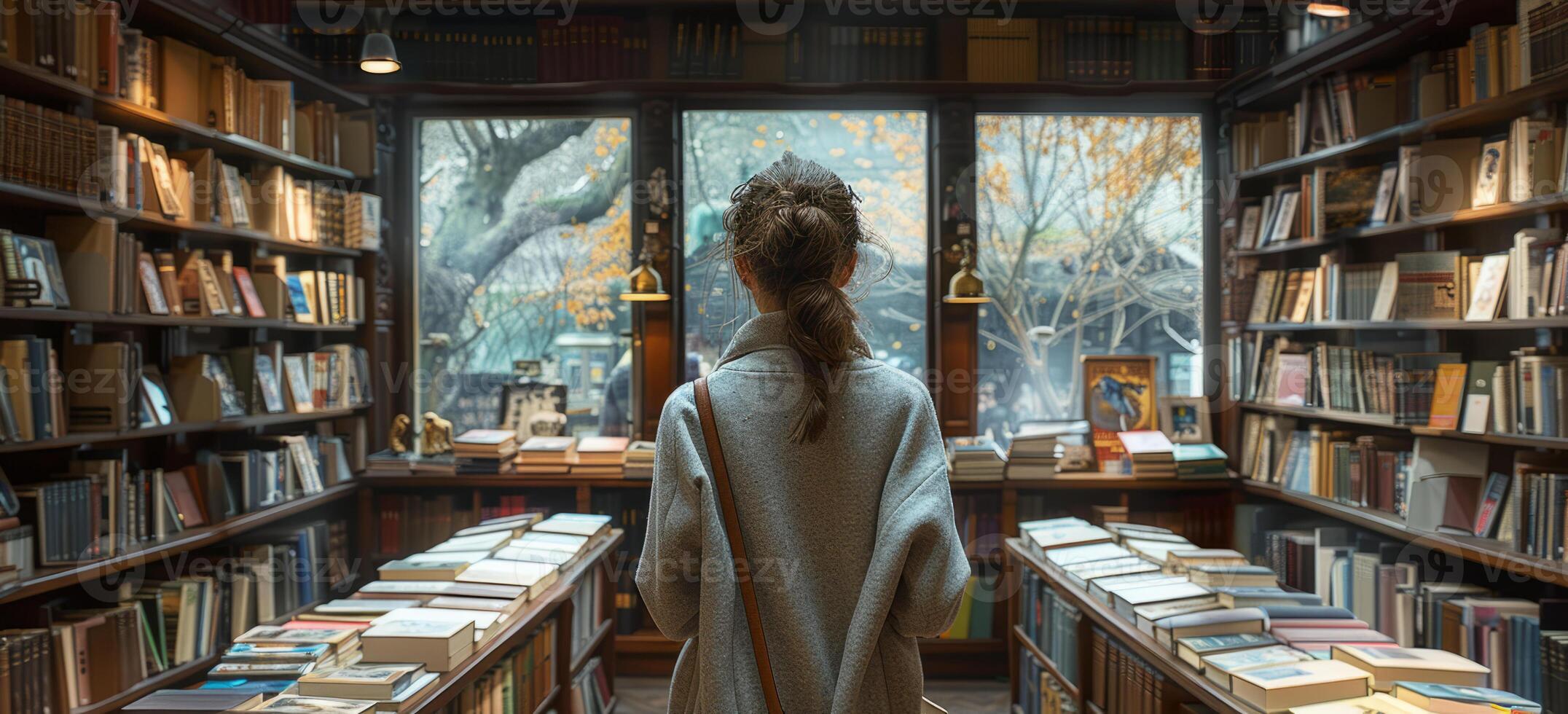 ai generato donna sta fra Due libreria nel libreria foto