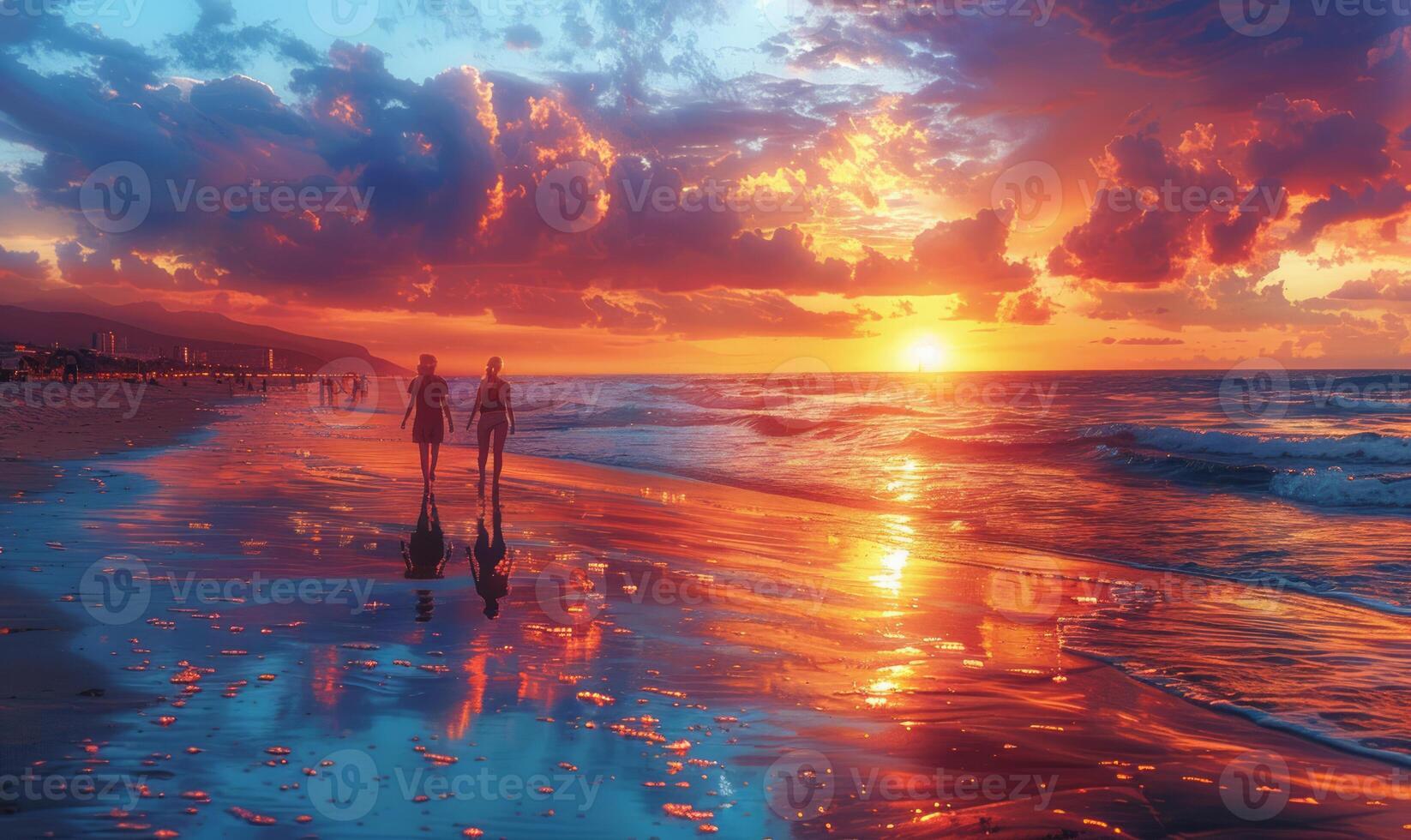 ai generato coppia a piedi su il spiaggia a tramonto foto