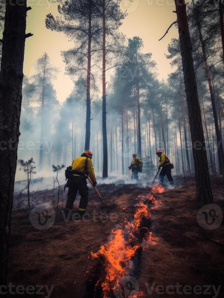 ai generato i vigili del fuoco spegnere grande fuoco nel pino foresta. foto