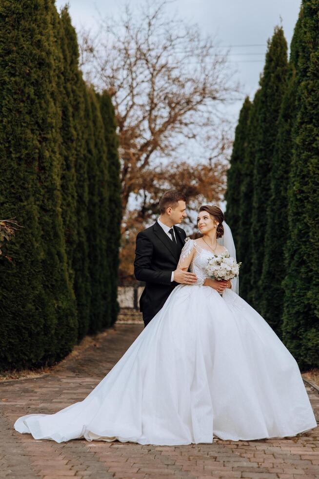 un' giovane sposa e sposo teneramente abbraccio nel il raggi di il autunno sole. tenero e bellissimo giovane ragazza sposa. un' uomo baci il suo Amati. contro il sfondo di un' bellissimo giardino foto