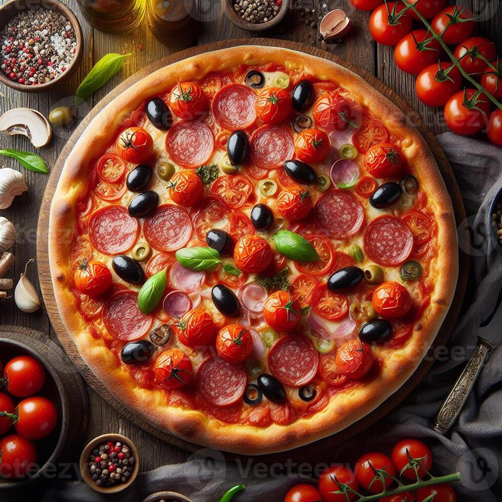 ai generato Là è un' Pizza su superiore di il tavolo, quale è pieno con pomodori, salame, e olive foto