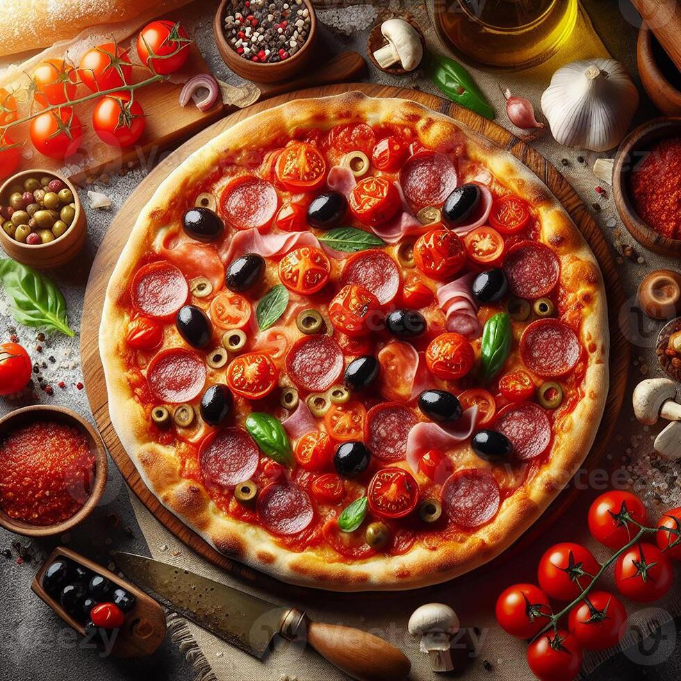 ai generato Là è un' Pizza su superiore di il tavolo, quale è pieno con pomodori, salame, e olive foto