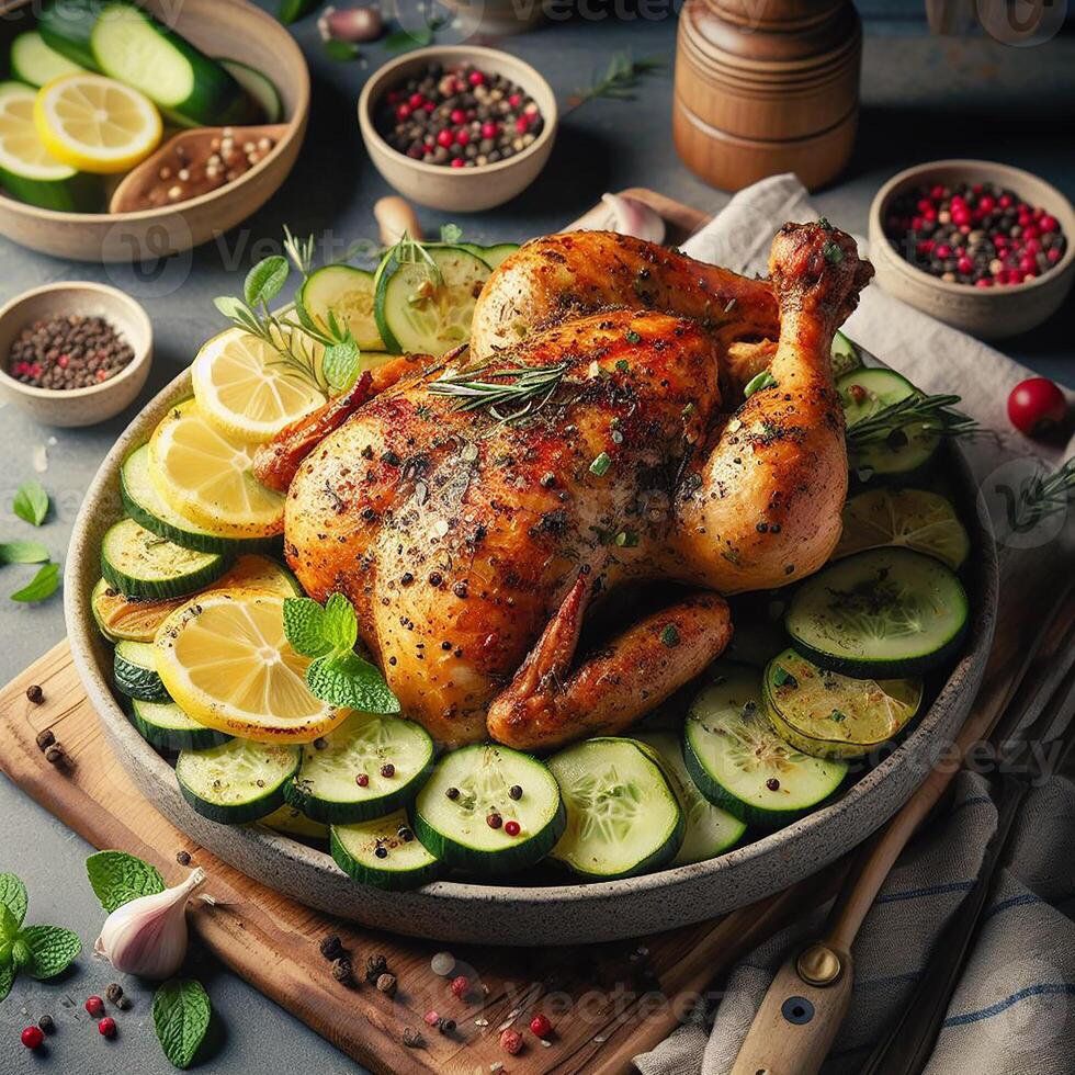 ai generato Là è pollo curry con insalate su il tavolo. foto