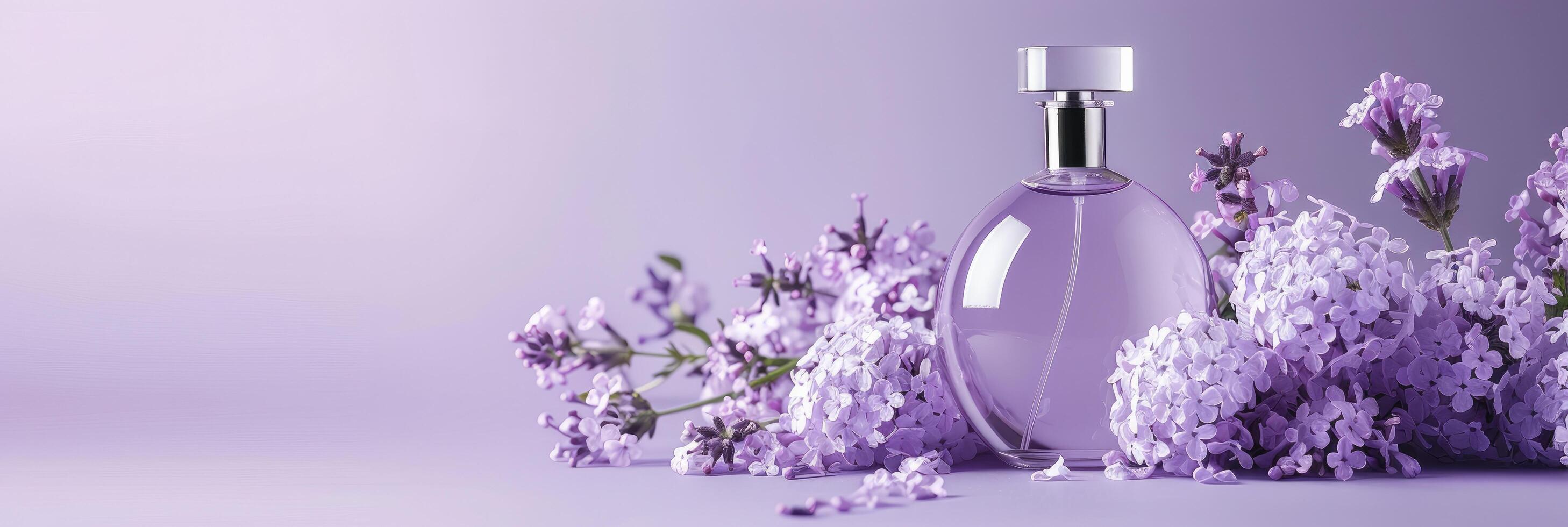 ai generato fragrante eleganza profumo bottiglia ornato con viola e bianca fiori contro un' viola sfondo foto