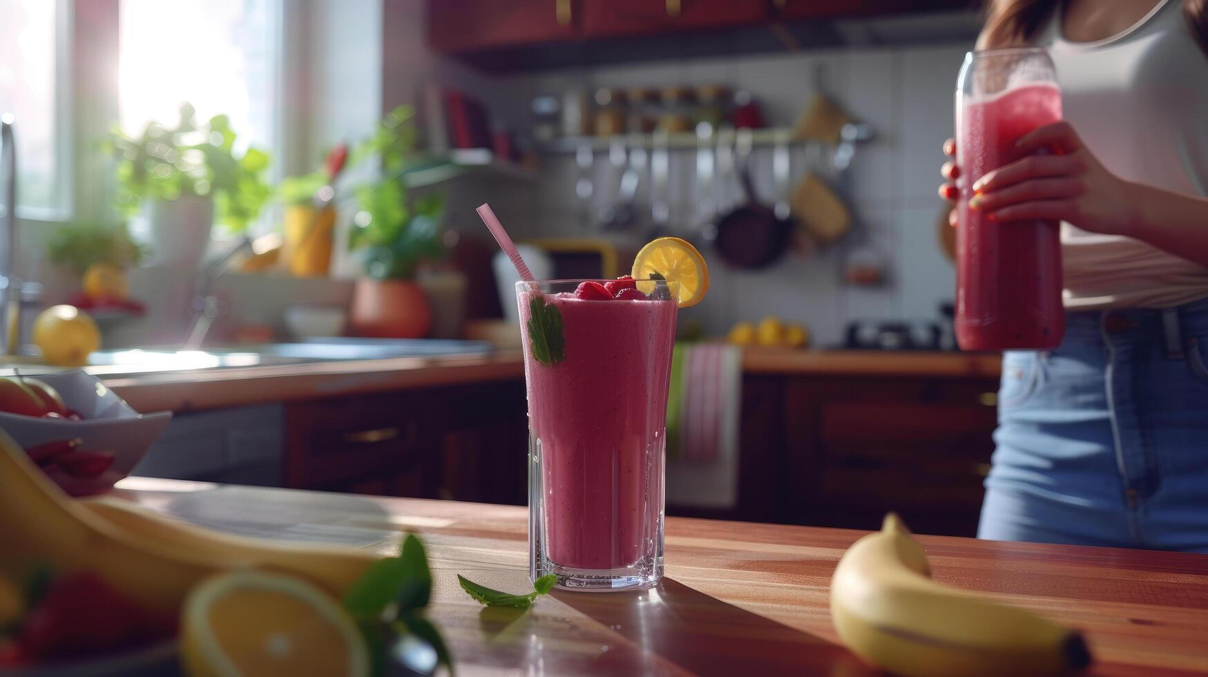 ai generato un' bicchiere di frutta frullato su il tavolo nel il cucina. donna con un' caraffa di frullati in piedi vicino il tavolo. salutare cibo, dieta, fabbricazione disintossicazione frullato concetto. foto