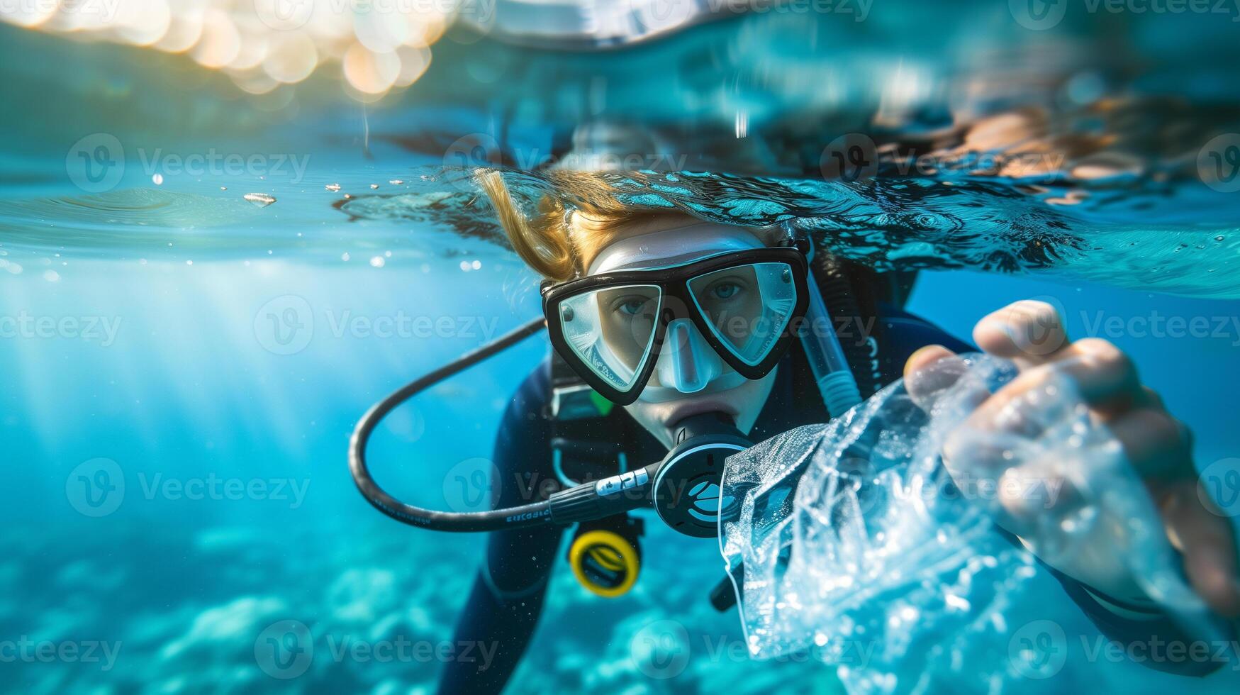 ai generato autorespiratore tuffatore raccolta plastica nel il oceano foto