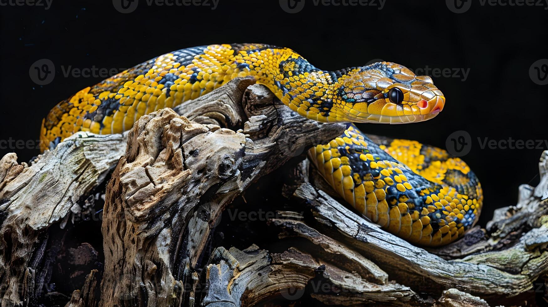 ai generato vivace giallo e nero africano serpente arrotolato su Driftwood con intelligente occhi foto