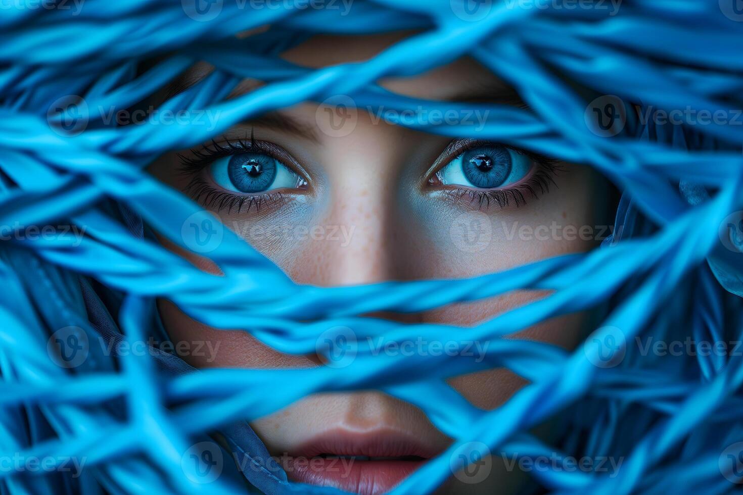 ai generato femmina viso ingarbugliato su nel blu foto