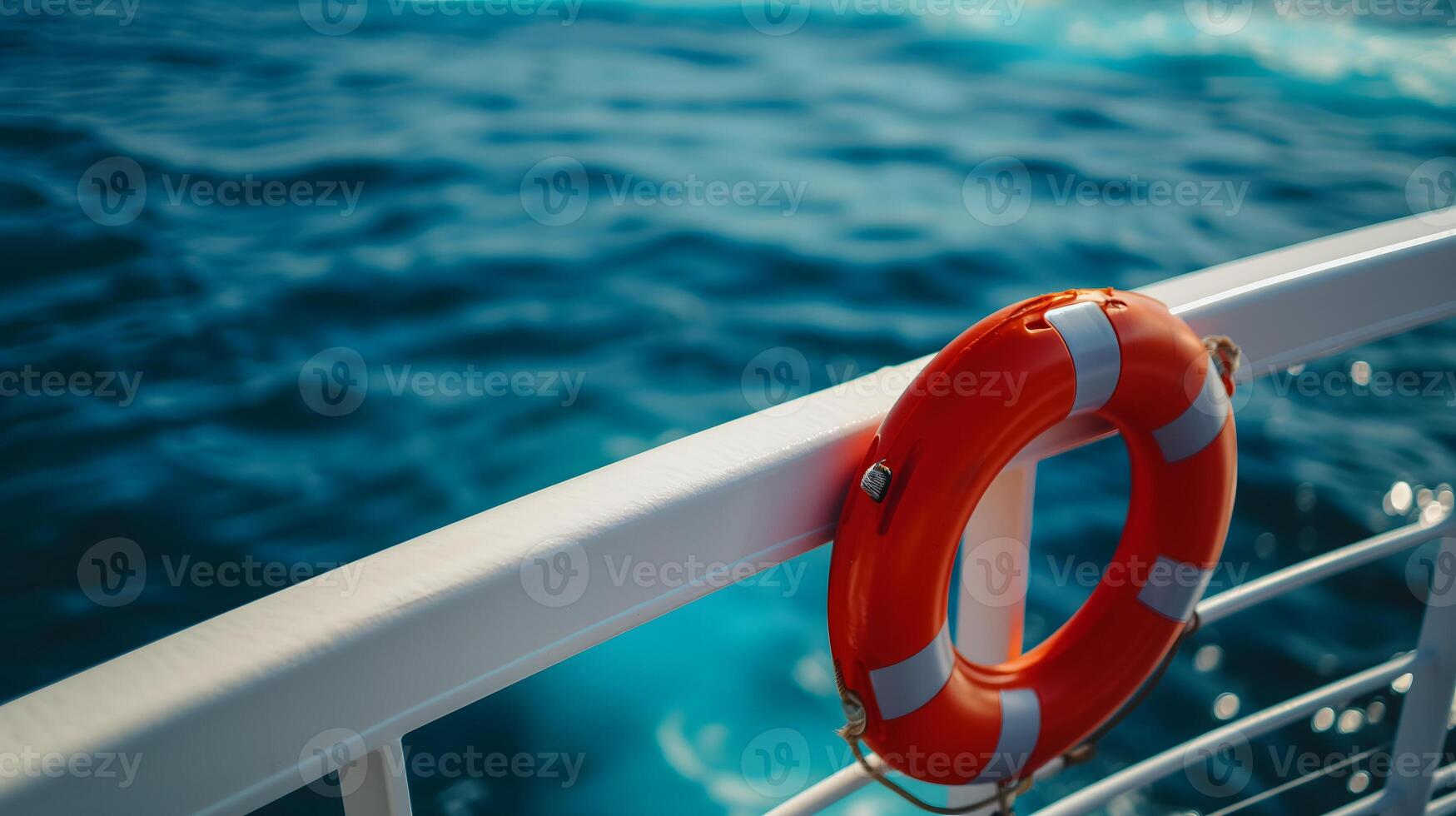 ai generato salvagente allegato per un' navi bianca ringhiera, con il chiaro blu mare nel il sfondo foto