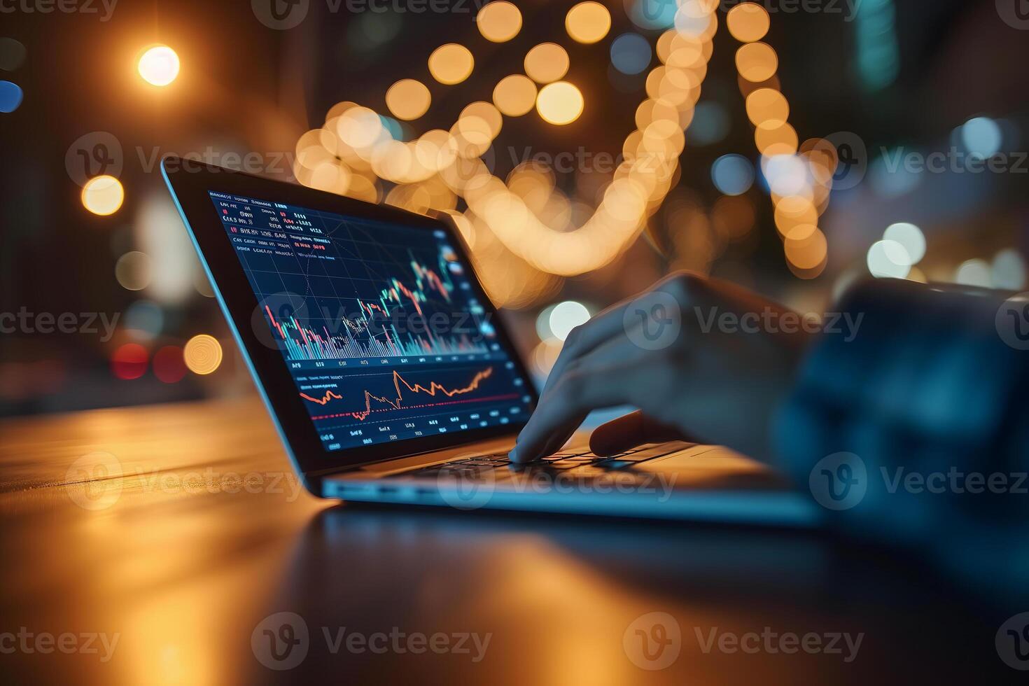 ai generato il computer portatile con umano mani digitando e azione mercato commercio grafici su il schermo con notte luci bokeh nel il sfondo foto