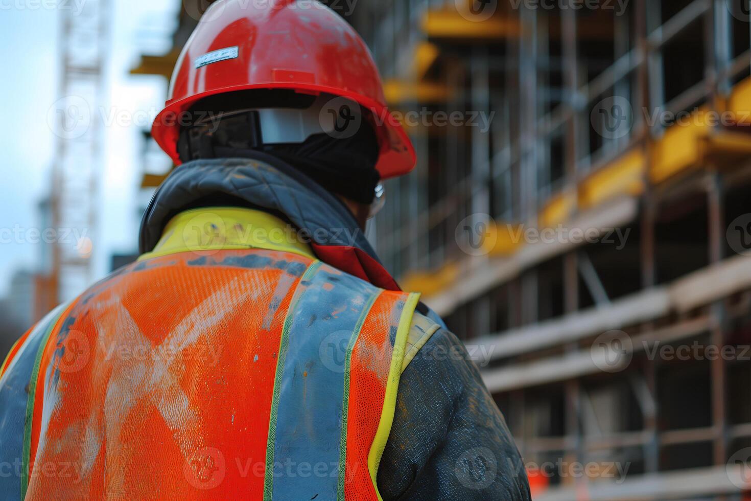 ai generato costruzione lavoratore con vecchio arancia difficile cappello a costruzione luogo per sicurezza concetto foto