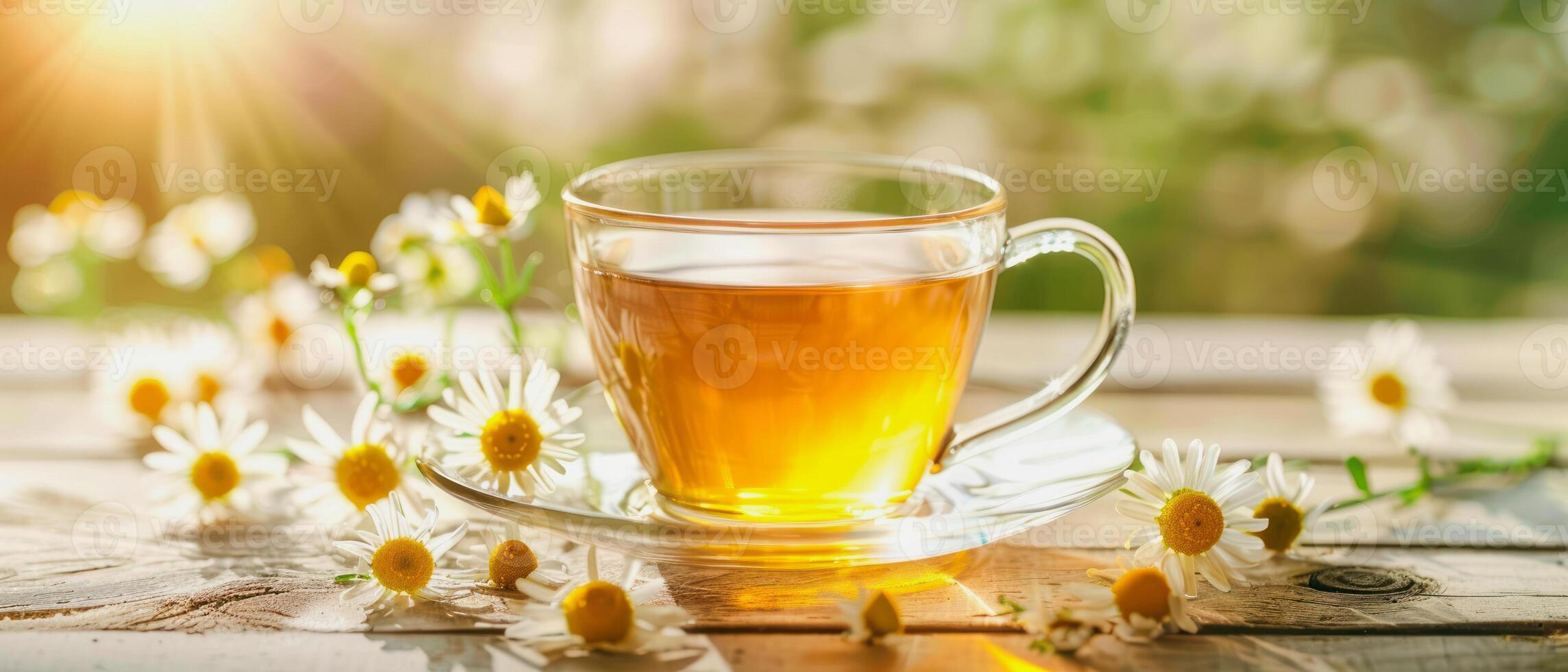 ai generato un' bicchiere tazza con fresco camomilla tè e camomilla fiori nel il luce del sole foto