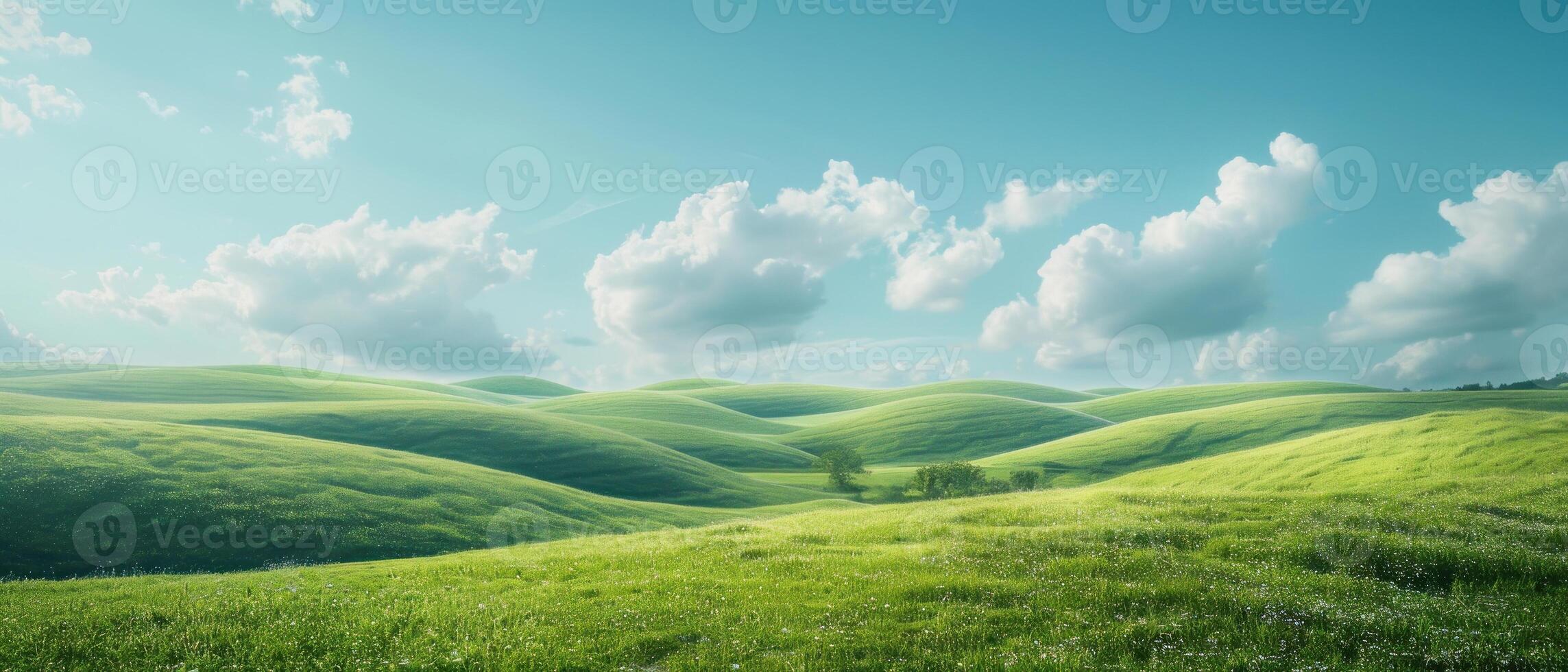 ai generato illustrazione di un' paesaggio con verde colline e un' blu nuvoloso cielo con luce del sole foto