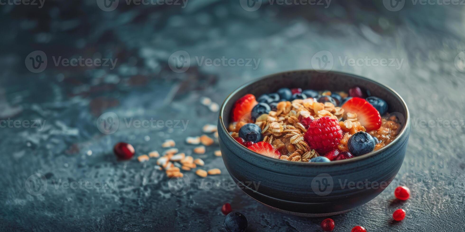 ai generato illustrazione di un' ciotola con porridge e frutta decorazione, copia spazio foto