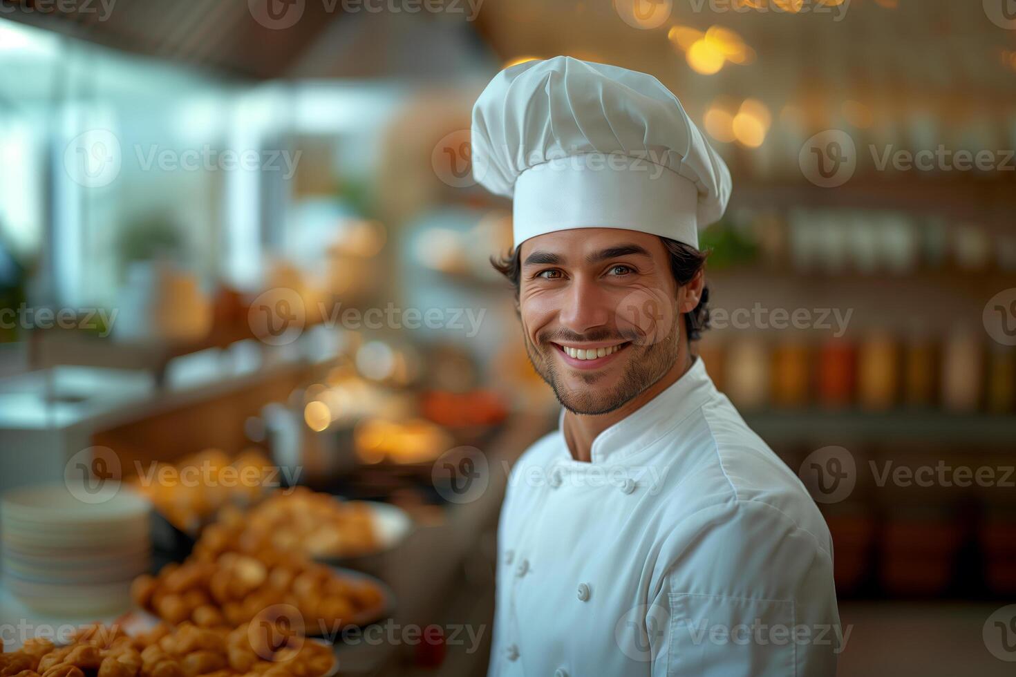 ai generato ritratto di un' sorridente maschio capocuoco nel un' ristorante cucina guardare a telecamera foto