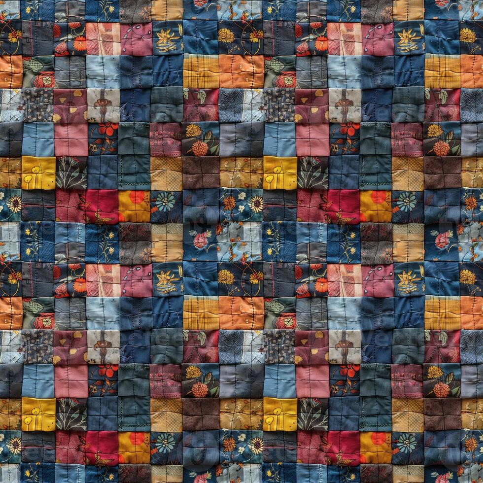 ai generato senza soluzione di continuità tessile sfondo, colorato patchwork trapunta fatto a partire dal pezzi di tessuto foto