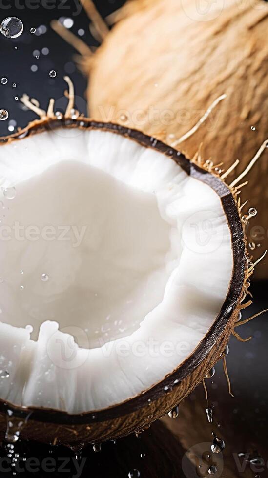 ai generato verticale exreme vicino su fotografia con metà di Noce di cocco e acqua schizzi. minimalista studio tiro ai generazione foto