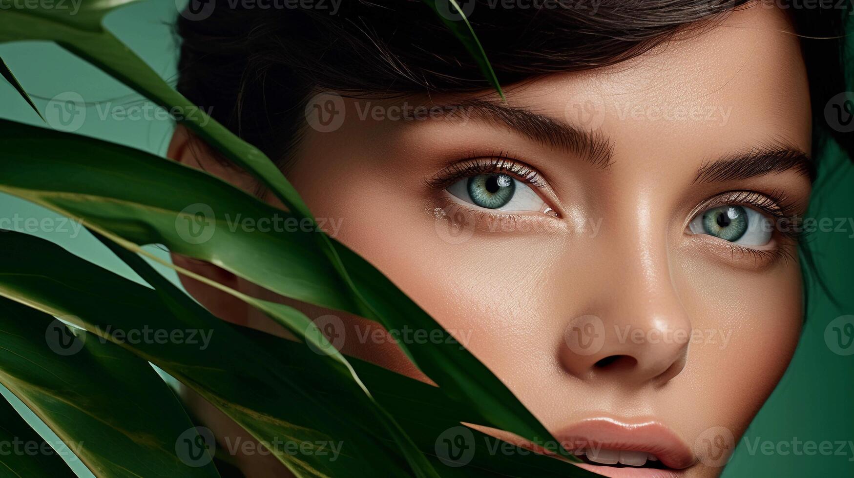 ai generato donna di viso circondato di le foglie. ai generato avvicinamento foto con selvaggio atmosfera Perfetto per biologico cosmetici, Da donna Marche, benessere sito web